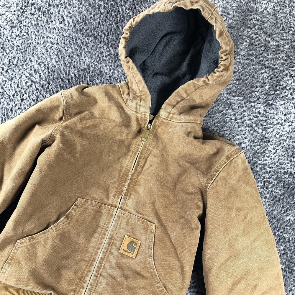 Carhartt Jacket Kids Medium Brown Canvas Hooded Full Zip Insulated Bomber